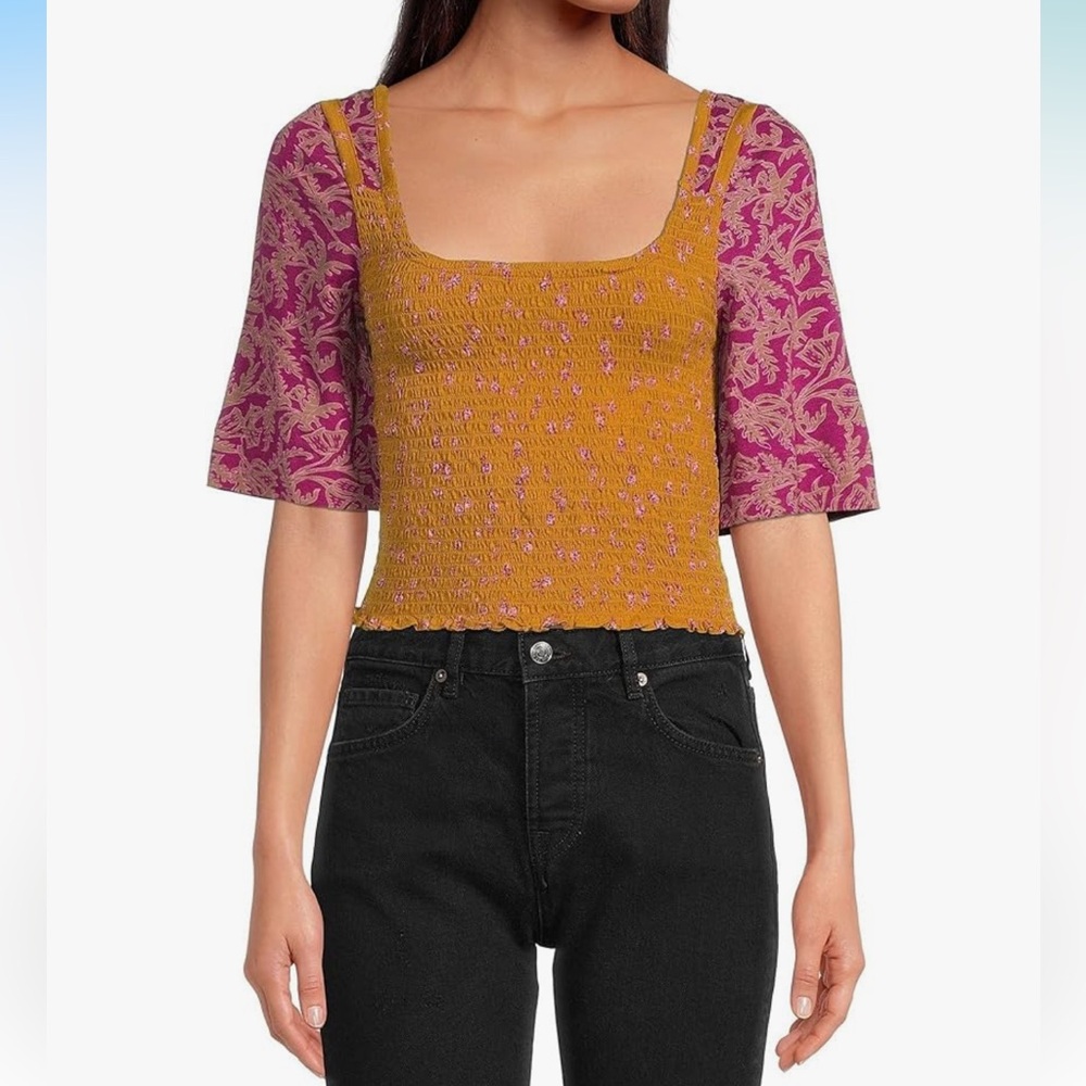 FREE PEOPLE Marigold Top - Size Small-Golden Floral Smocked Boho Crop Blouse-NWT - Picture 16 of 16